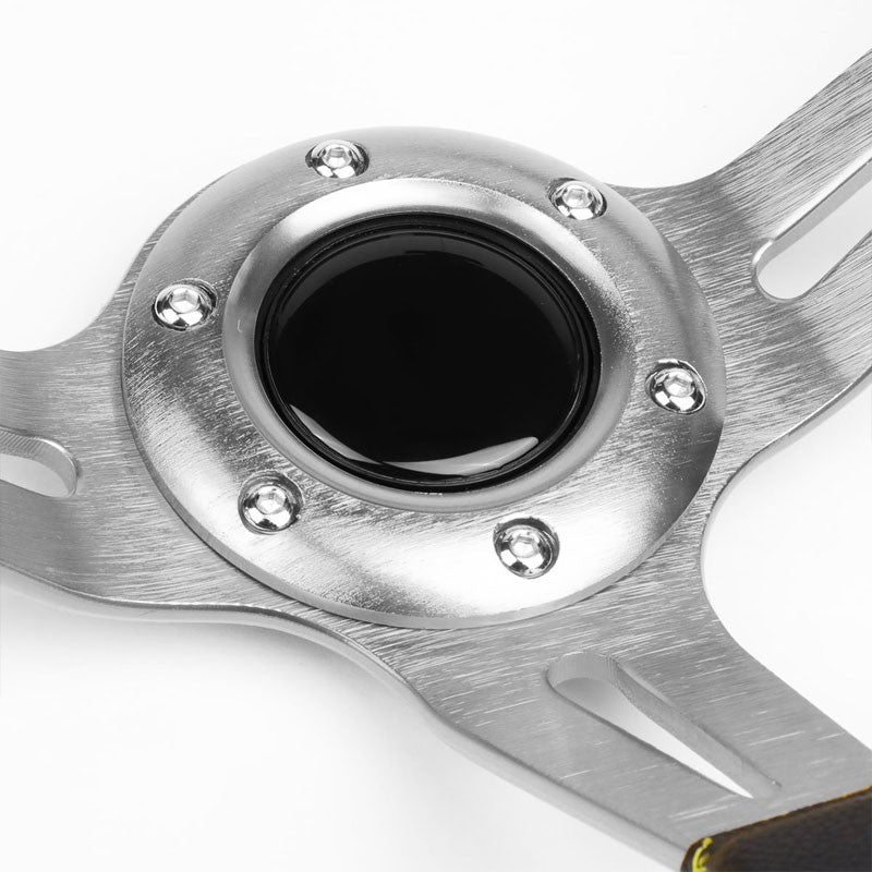 Black Leather/Silver Slit Holes 350mm 3.50" Deep Dish Steering Wheel+Horn Button-Interior-BuildFastCar