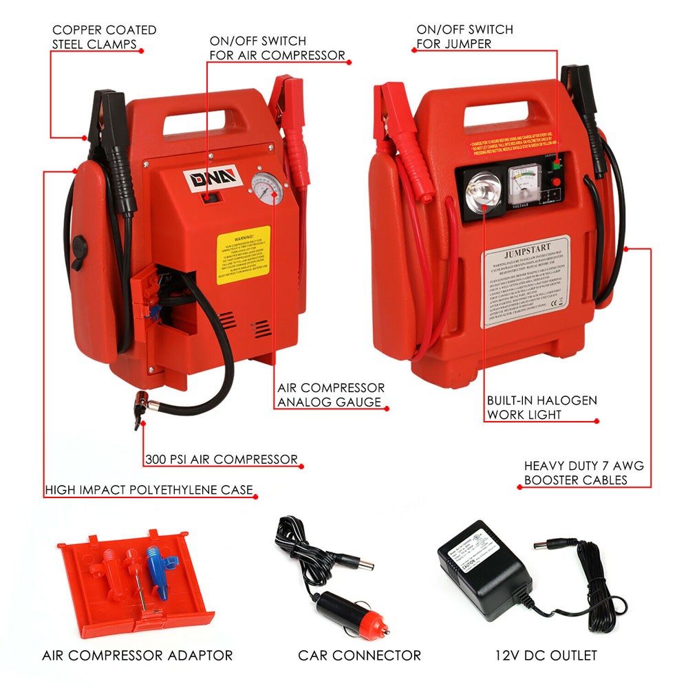12Volt/300PSI Air Compressor + Rechargeable Jumper Cable Starter Battery Pack