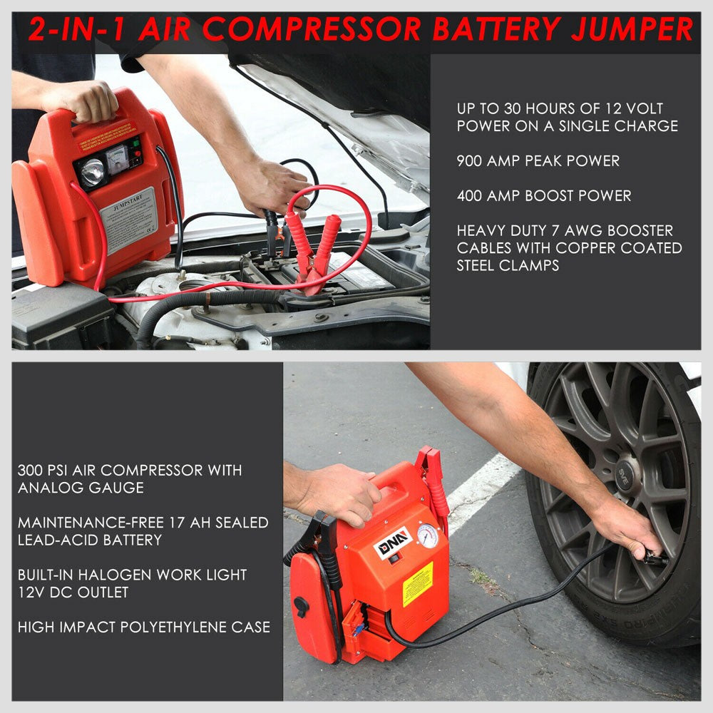 12Volt/300PSI Air Compressor + Rechargeable Jumper Cable Starter Battery Pack