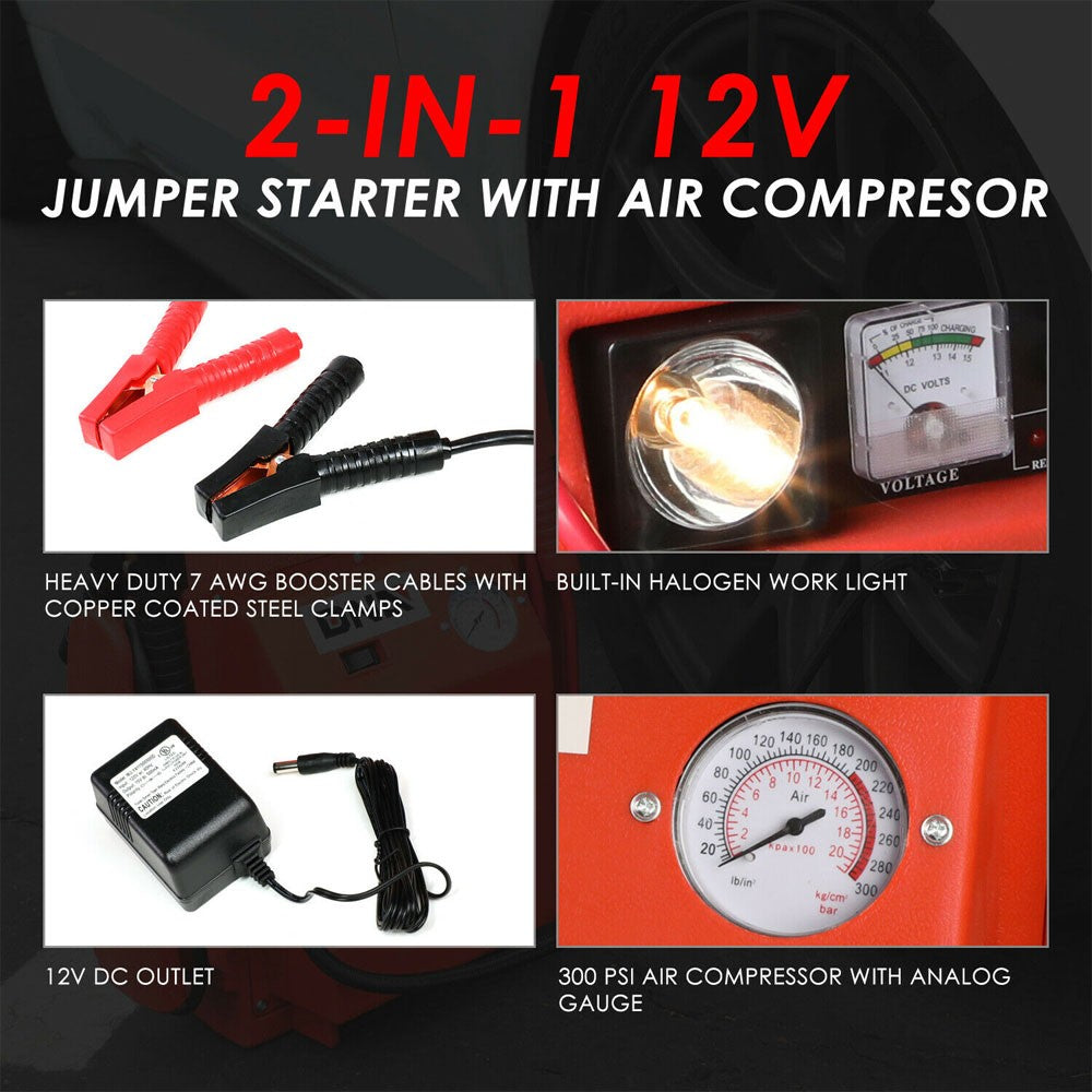 12Volt/300PSI Air Compressor + Rechargeable Jumper Cable Starter Battery Pack