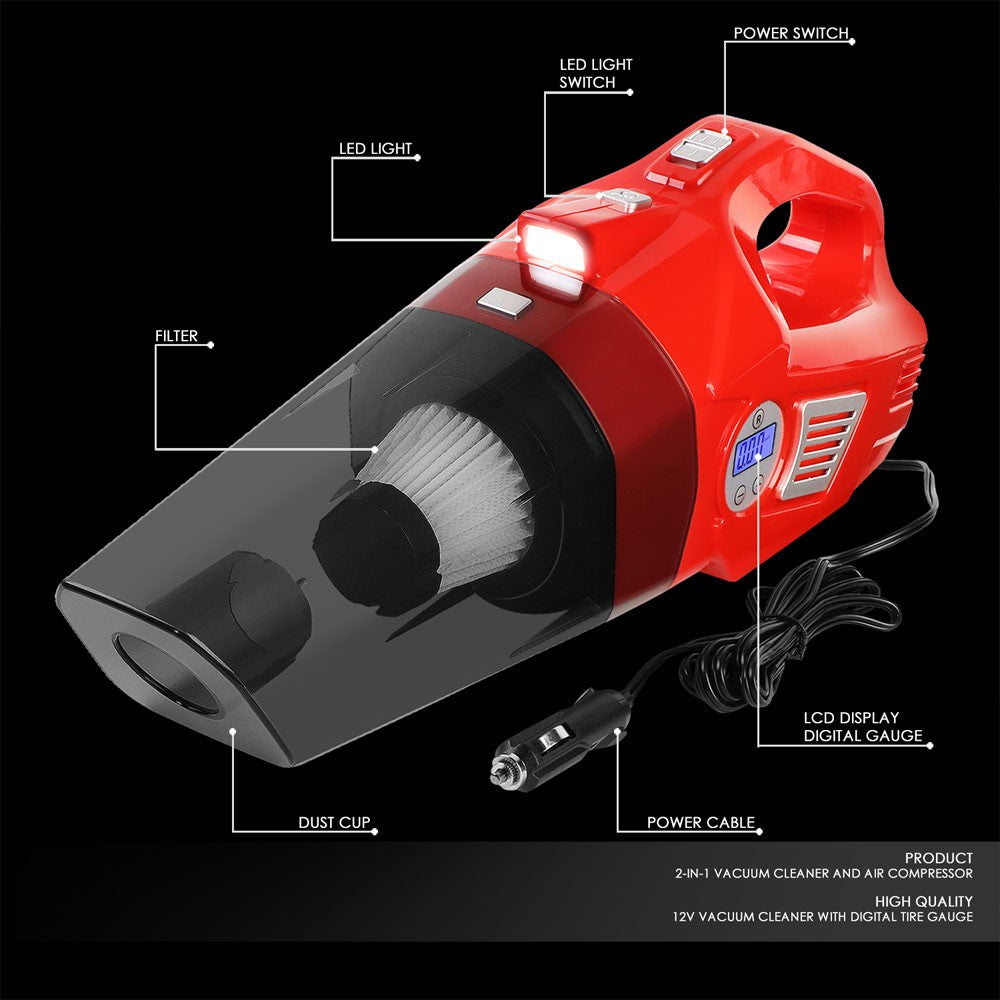 Red 2In1 Corded Handheld Mini Vacuum Cleaner w/LED Light & Air Compressor Pump