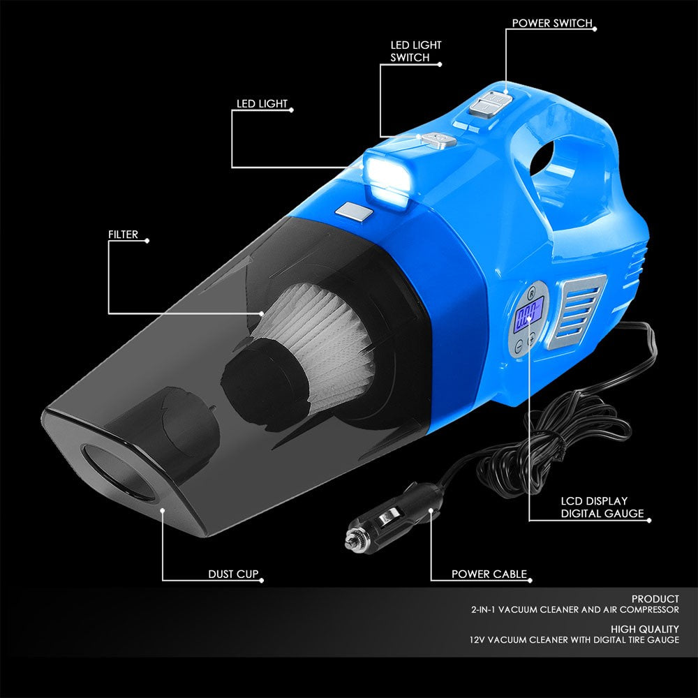 Blue 2In1 Corded Portable Mini Vacuum Cleaner w/LED Light & Air Compressor Pump