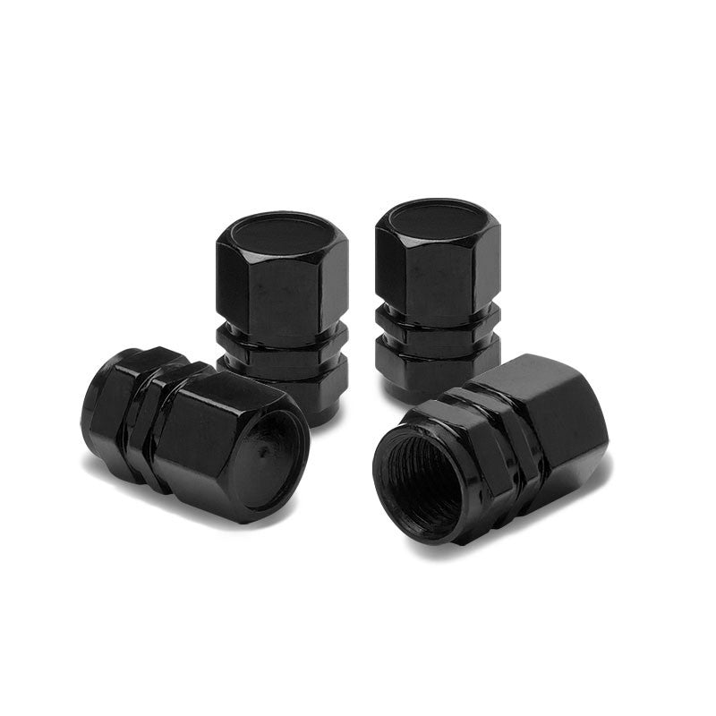 71-R-059-BK BFC 4PCs Hexagonal Ring Style Black Chrome Tire Wheel Rim Valve Air Stems Cap