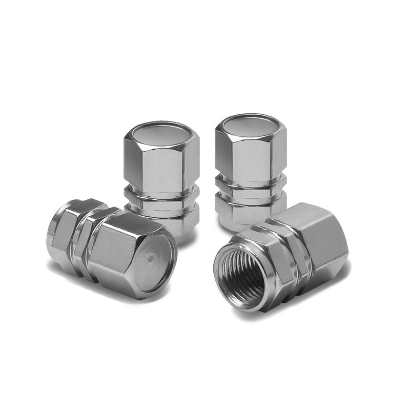 71-R-059-SL BFC 4PC Universal Hexagonal Ring Style Silver Tire Wheel Rim Valve Air Stems Cap
