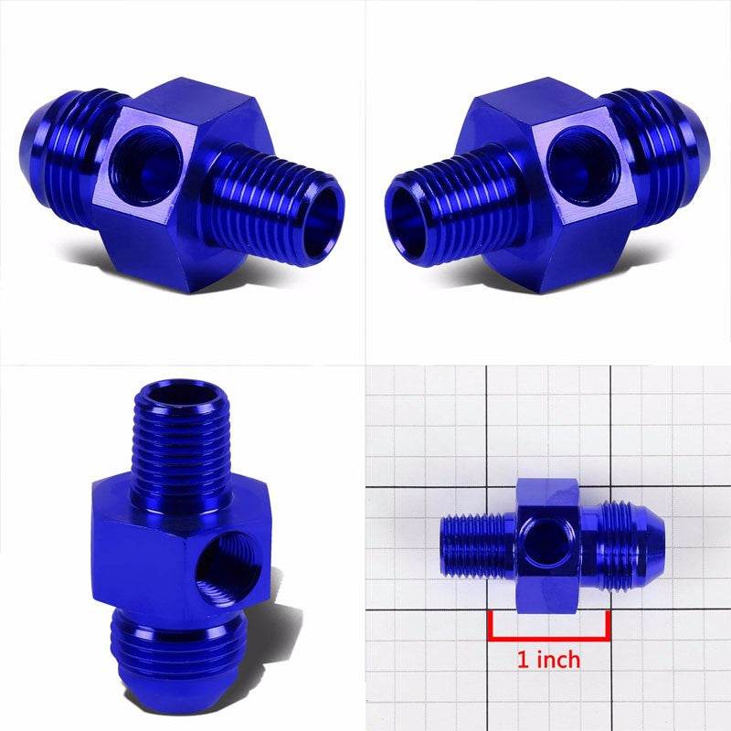 Blue Aluminum 8AN Flare to 1/4" NPT+1/8" NPT Side Port Pressure Fitting Adapter BuildFastCar