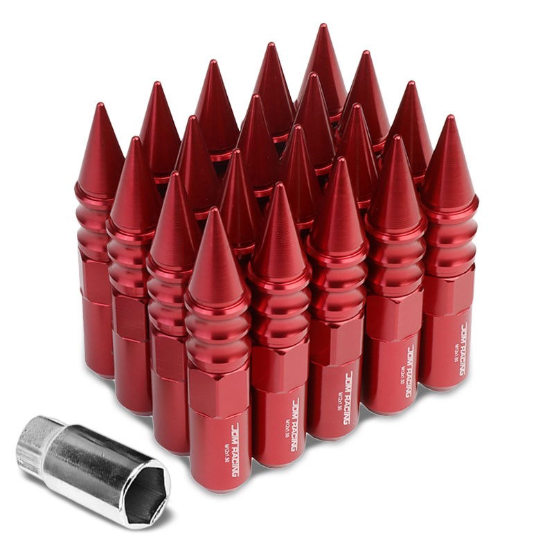 Red M12x1.50 Open/Close End Acorn Tuner+Round Spike Cap 20x Conical Lug Nuts-Accessories-BuildFastCar