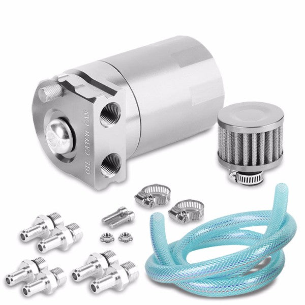 Universal Silver Cylinder Aluminum Baffled Oil Catch Tank/Can Reservoir+Filter-Performance-BuildFastCar