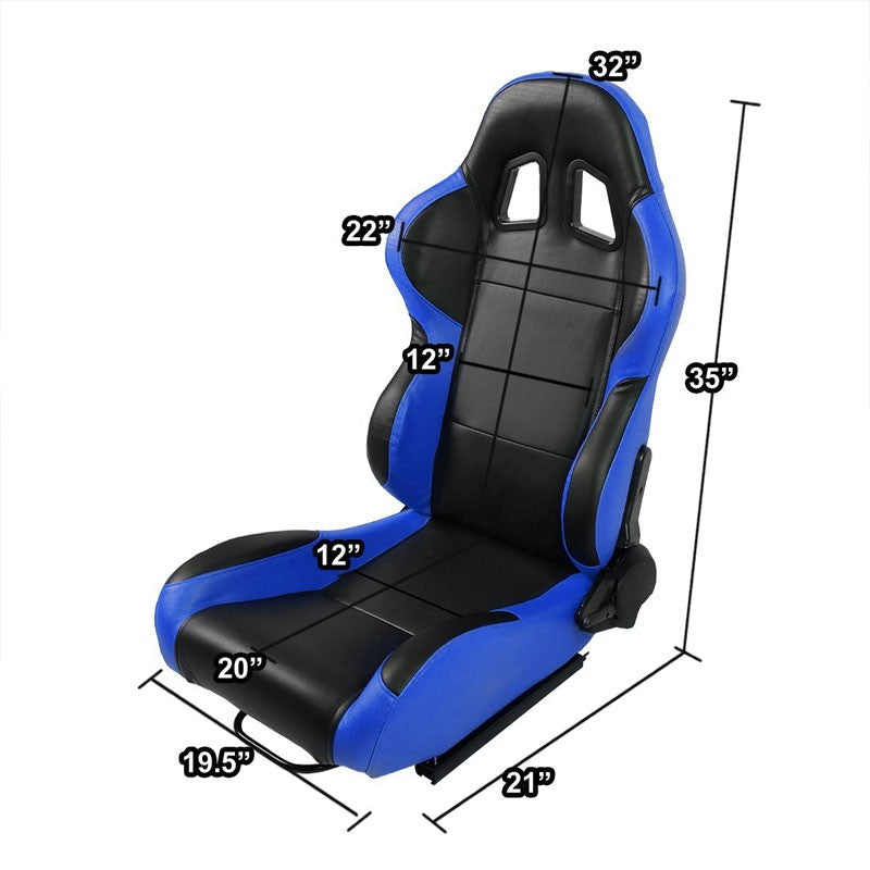Pair Black/Blue Side Reclinable PVC Leather Type-R Style Racing Seats W/Sliders-Interior-BuildFastCar