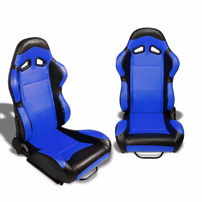 Pair Blue Center/Black Side Reclinable PVC Leather Sport Racing Seats W/Sliders-Interior-BuildFastCar