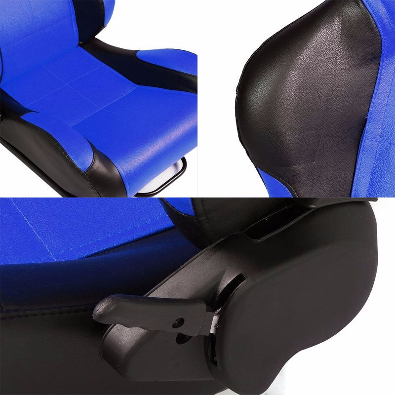 Pair Black/Blue Reclinable PVC Leather Square Style Sport Racing Seats W/Sliders-Interior-BuildFastCar
