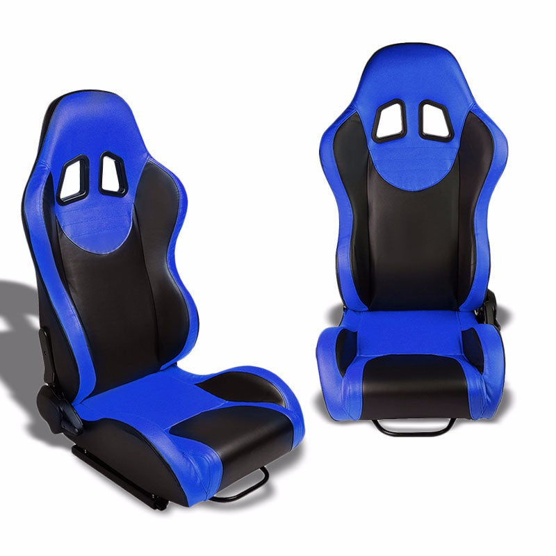 Pair Black Center/Blue Side Reclinable Leater Type-R Sport Racing Seats W/Sliders-Interior-BuildFastCar