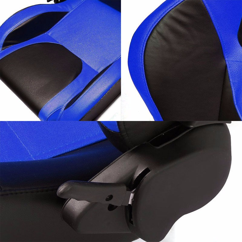 Pair Black Center/Blue Side Reclinable Leater Type-R Sport Racing Seats W/Sliders-Interior-BuildFastCar