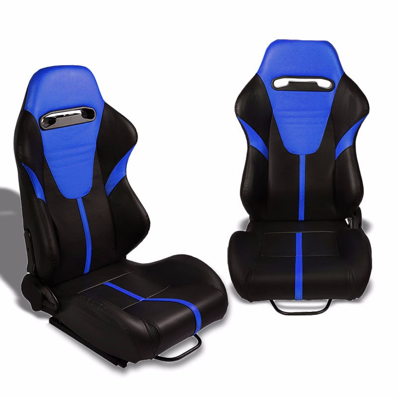 Pair Black/Blue Stripe Reclinable PVC Leater Type-R Sport Racing Seats W/Sliders-Interior-BuildFastCar