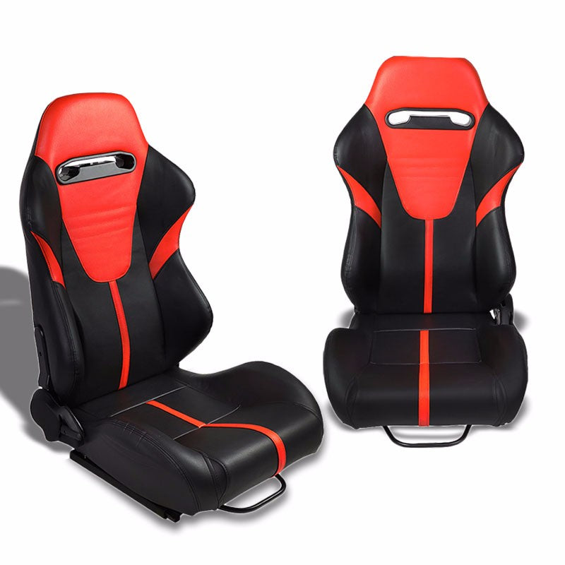 Pair Black/Red Stripe Reclinable PVC Leater Type-R Sport Racing Seats W/Sliders-Interior-BuildFastCar