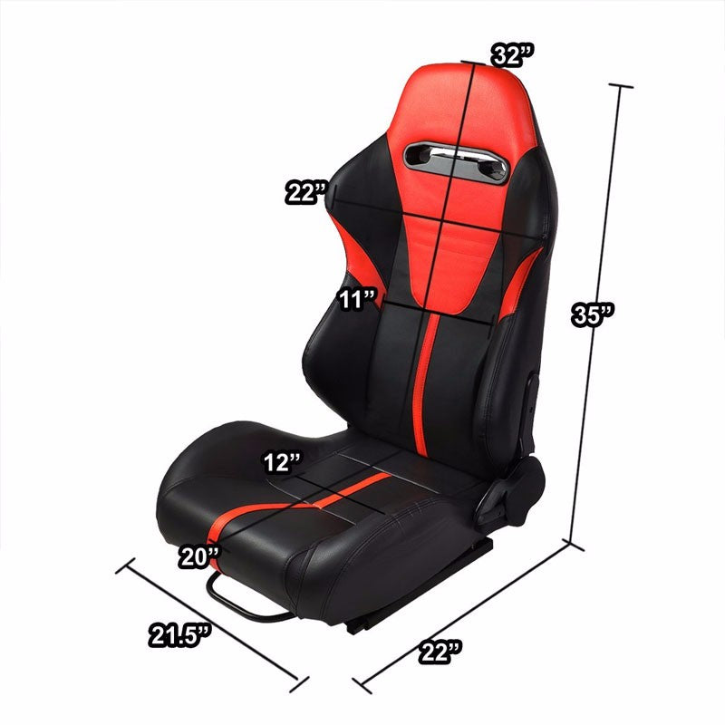 Pair Black/Red Stripe Reclinable PVC Leater Type-R Sport Racing Seats W/Sliders-Interior-BuildFastCar