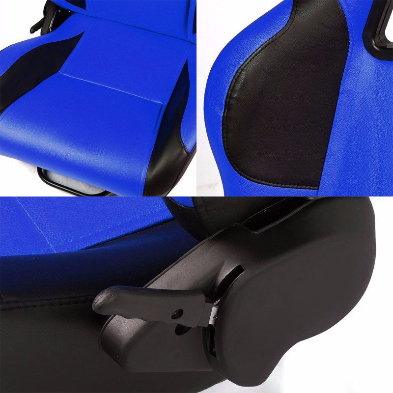 Pair Blue/Black Wing Reclinable PVC Leather Type-R Sport Racing Seats W/Sliders-Interior-BuildFastCar