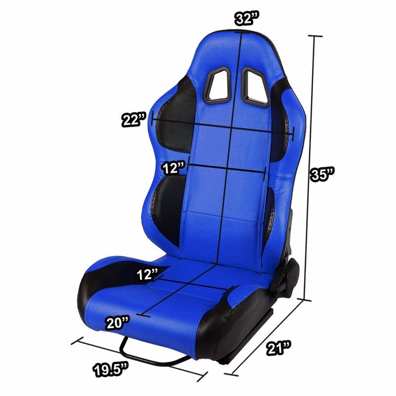 Pair Blue/Black Wing Reclinable PVC Leather Type-R Sport Racing Seats W/Sliders-Interior-BuildFastCar