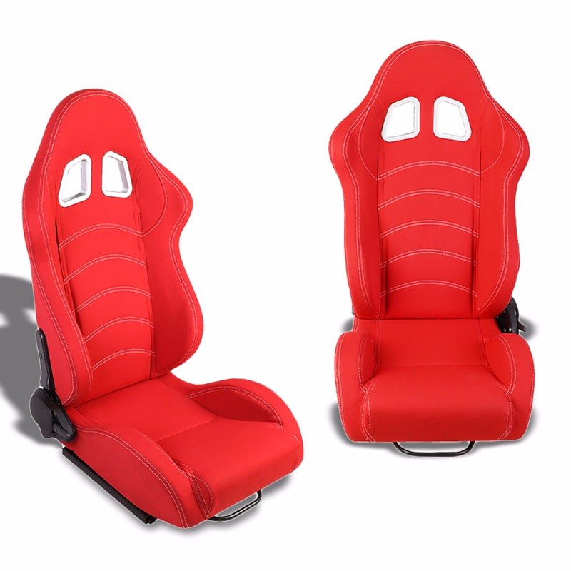 Pair Red/Double Stitch Reclinable Woven Fabric Sport Racing Seats W/Sliders-Interior-BuildFastCar