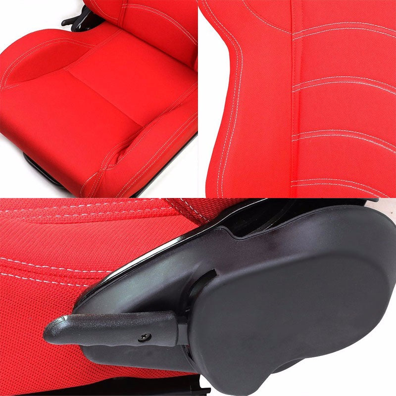 Pair Red/Double Stitch Reclinable Woven Fabric Sport Racing Seats W/Sliders-Interior-BuildFastCar