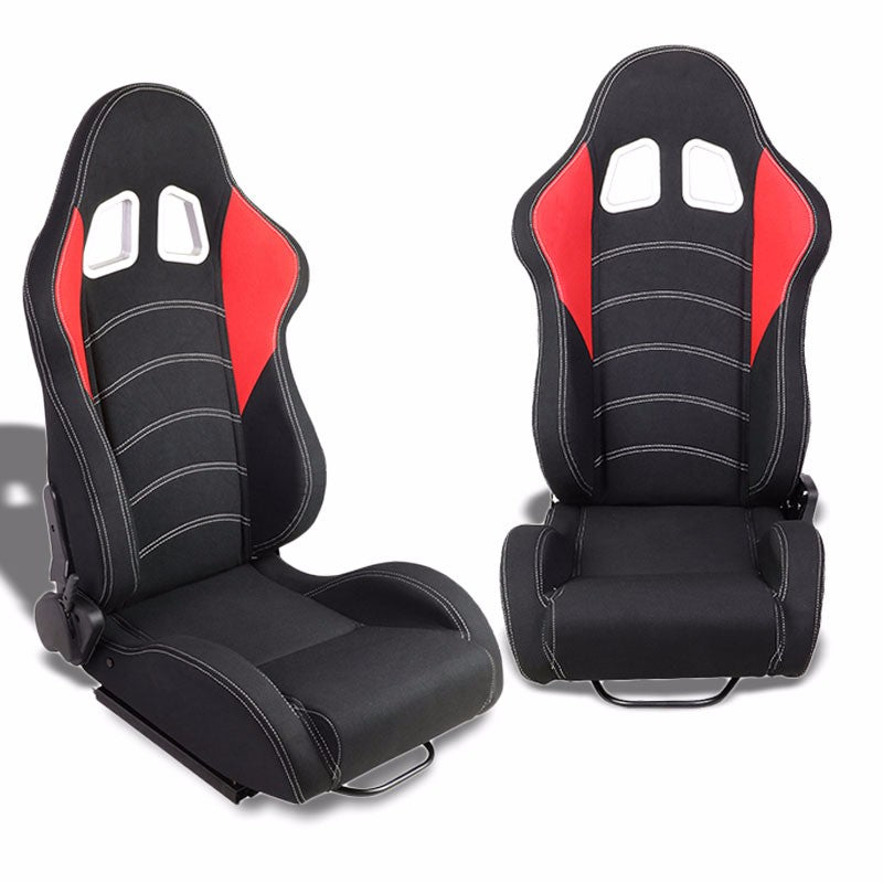 Pair Black/Red/Double Stitch Reclinable Woren Fabric Type-R Style Racing Seats W/Sliders-Interior-BuildFastCar