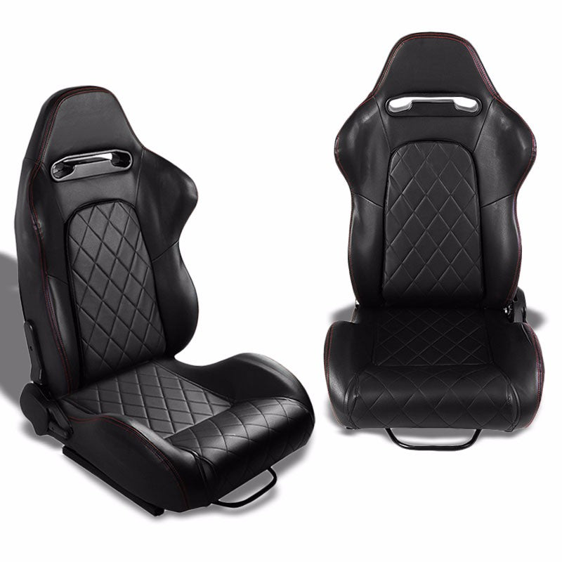 Pair Black Quited Stich Reclinable PVC Leather Type-R Style Racing Seats W/Sliders-Interior-BuildFastCar