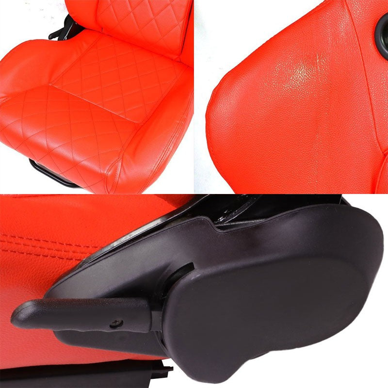 Pair Red Quited Stich Reclinable PVC Leather Type-R Style Racing Seats W/Sliders-Interior-BuildFastCar