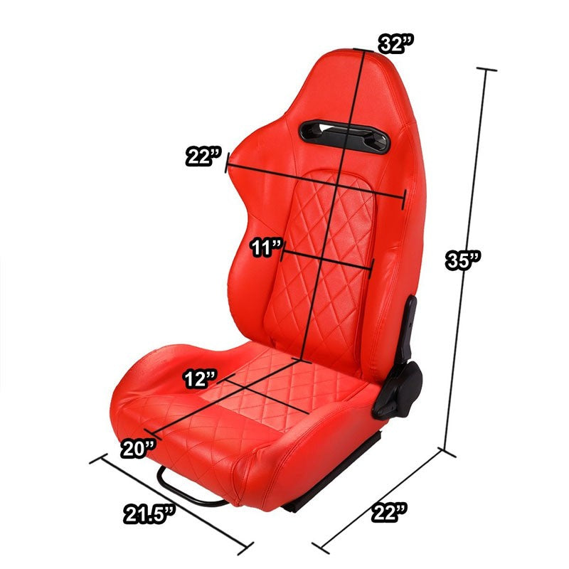 Pair Red Quited Stich Reclinable PVC Leather Type-R Style Racing Seats W/Sliders-Interior-BuildFastCar