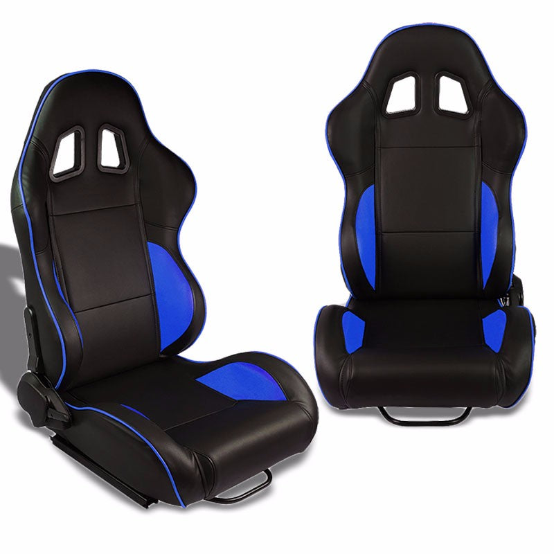Pair Black/Blue Piping Reclinable PVC Leather Type-R Sport Racing Seats W/Sliders-Interior-BuildFastCar