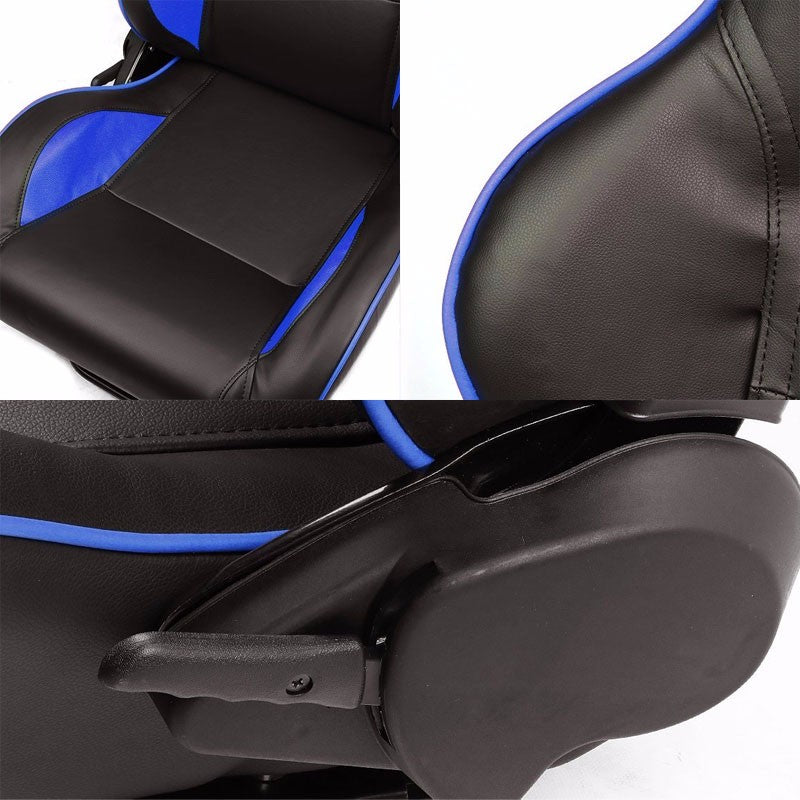 Pair Black/Blue Piping Reclinable PVC Leather Type-R Sport Racing Seats W/Sliders-Interior-BuildFastCar