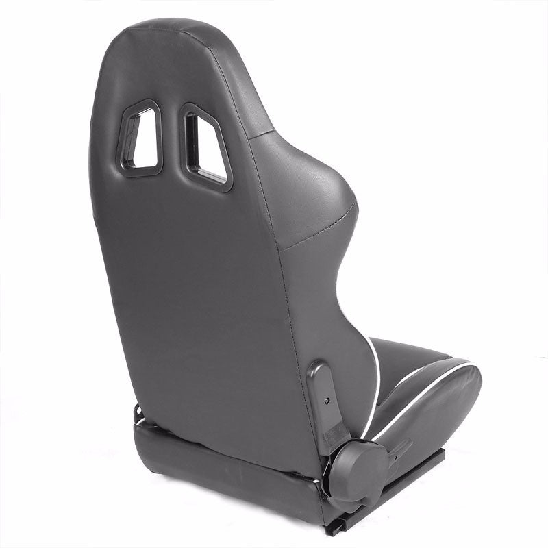 Pair Black/White Piping Reclinable PVC Leather Type-R Sport Racing Seats+Sliders-Interior-BuildFastCar