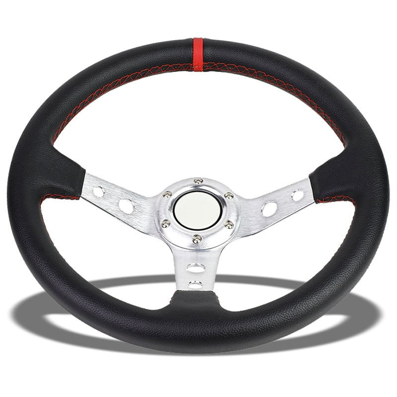 Black Leather/Silver Round Hole 350mm 3.00" Deep Dish Steering Wheel+Horn Button-Interior-BuildFastCar