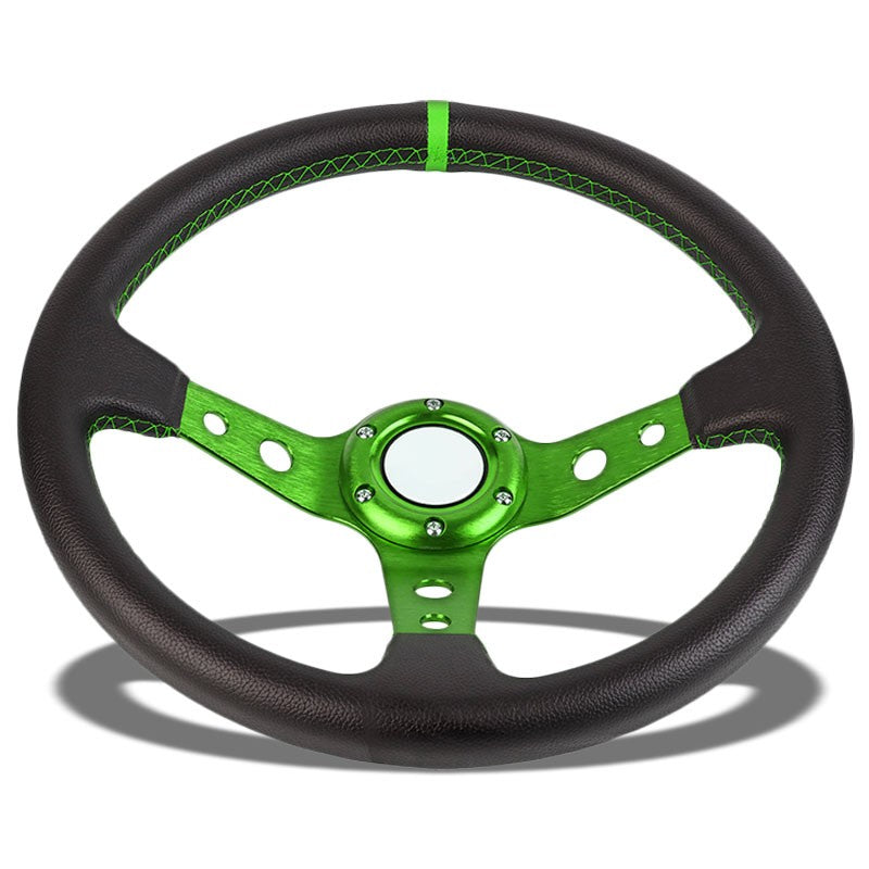 Black Leather/Green Round Holes 350mm 3.00" Deep Dish Steering Wheel+Horn Button-Interior-BuildFastCar