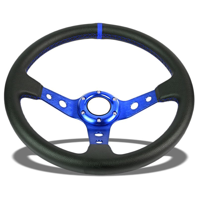 Black Leather/Blue Round Holes 350mm 3.00" Deep Dish Steering Wheel+Horn Button-Interior-BuildFastCar
