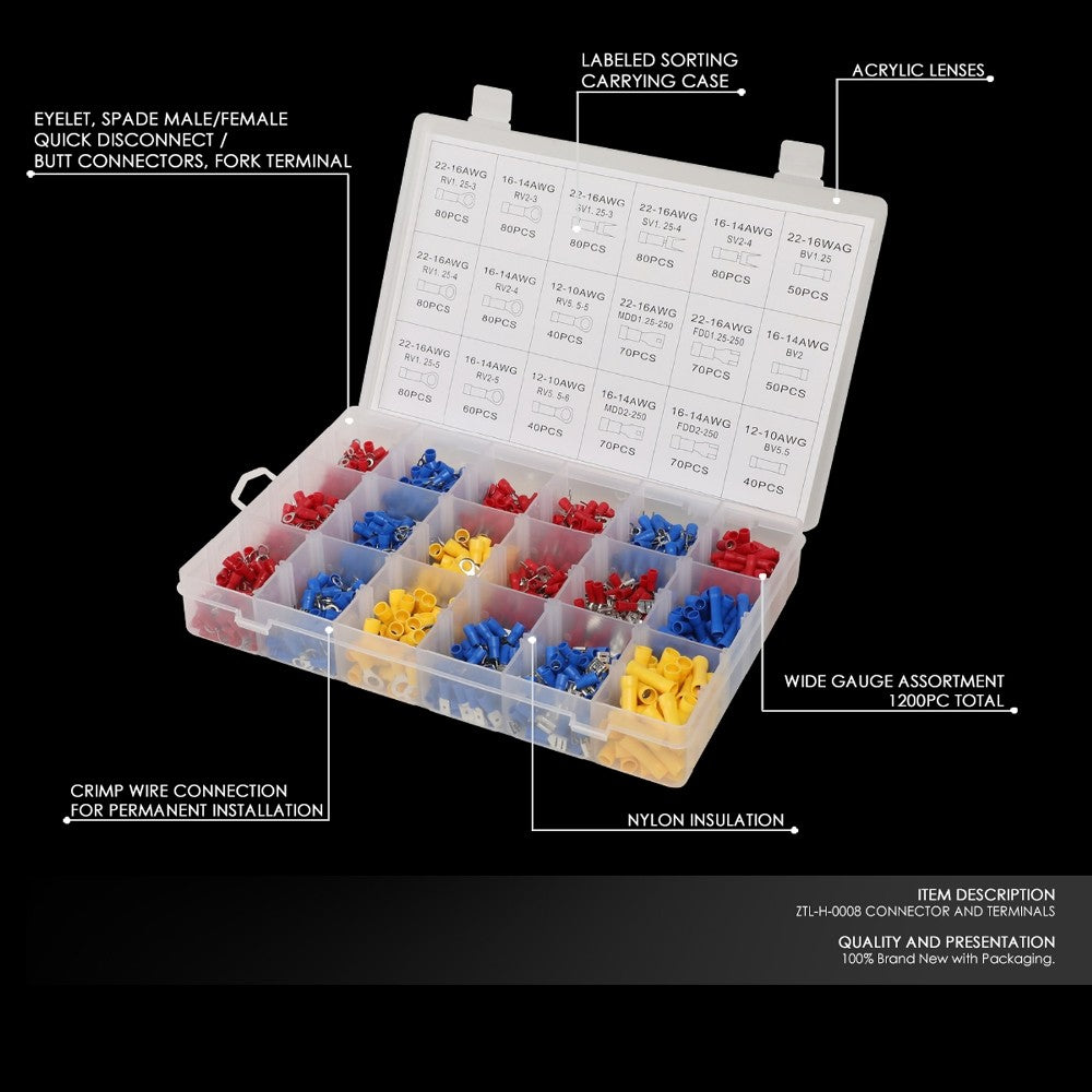 1200PCS Insulated Wire Connector Assortment Kit with Case 22-16 14-16 10-12 AWG