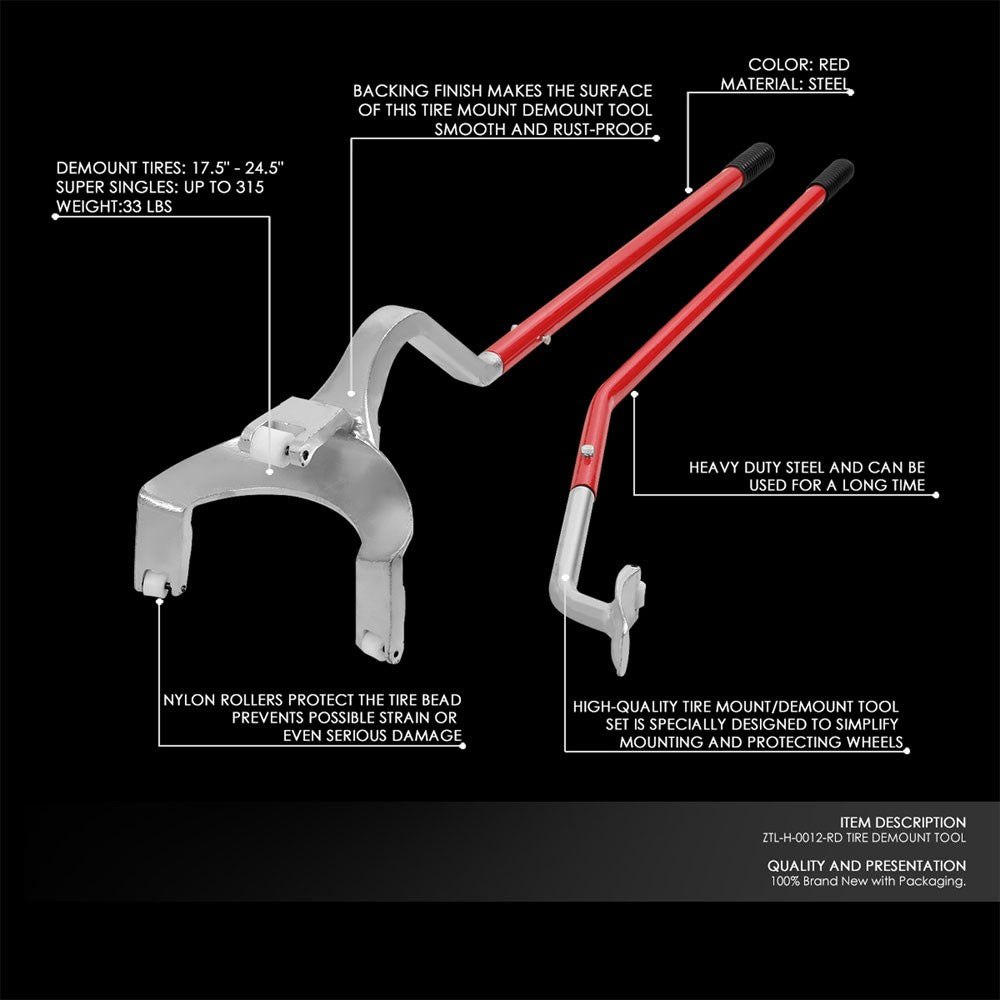 Red Heavy Duty 17.5" - 24.5" Tire Mount Demount Tool with Bead Keeper Tubless