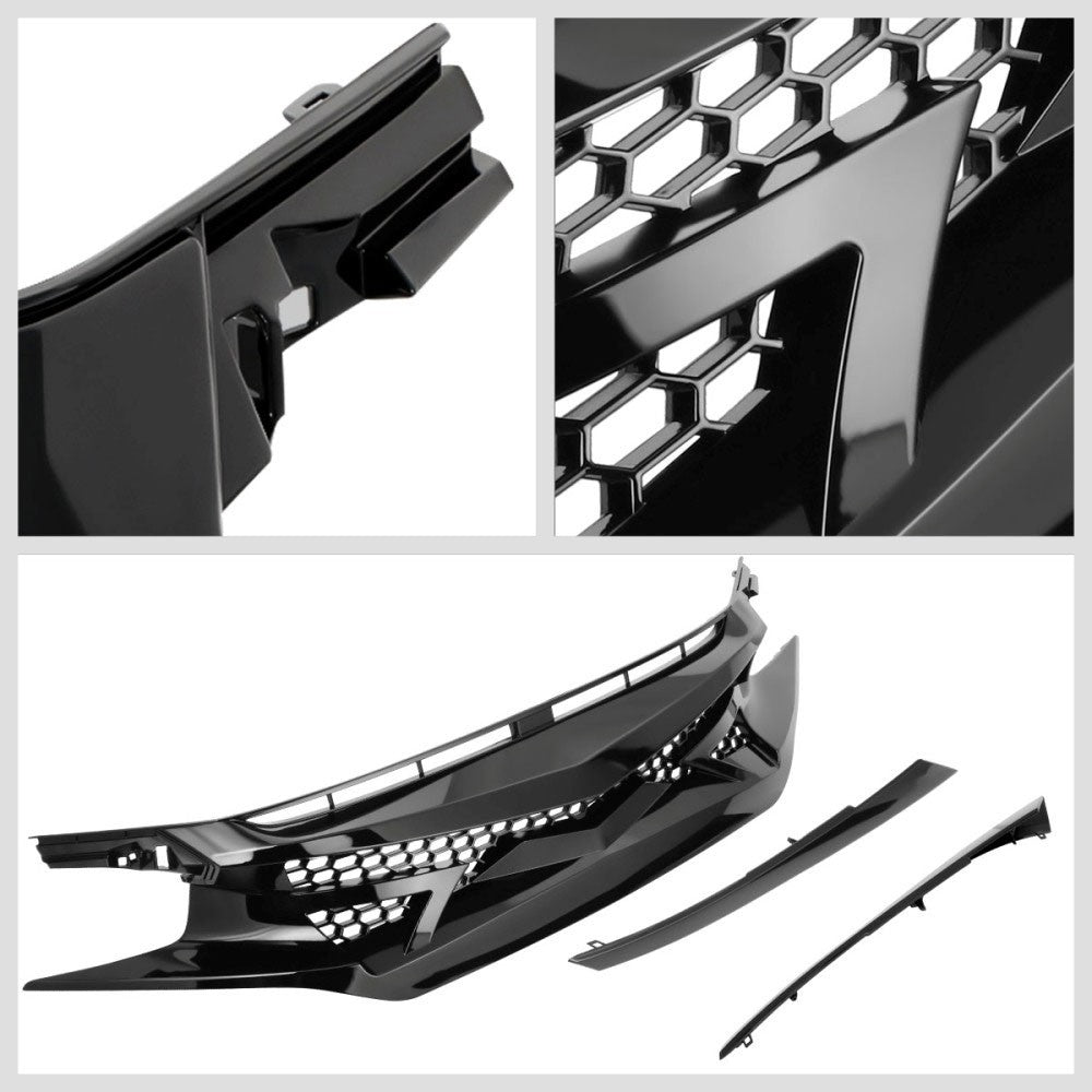 BFC-FGR-1-0183-NL Glossy Black Battle Style Mesh Front Grille For 16-18 Honda Civic 2Dr/4Dr/HB