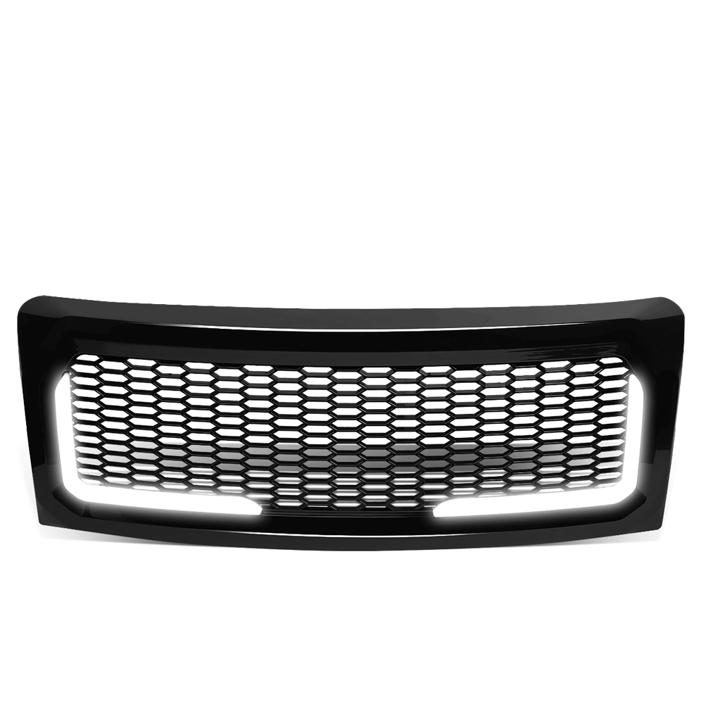 Black Matte Honeycomb Mesh Front Grille L-Shape LED Bar 09-14 F-150 BFC-FGR-1-LB-013-T6