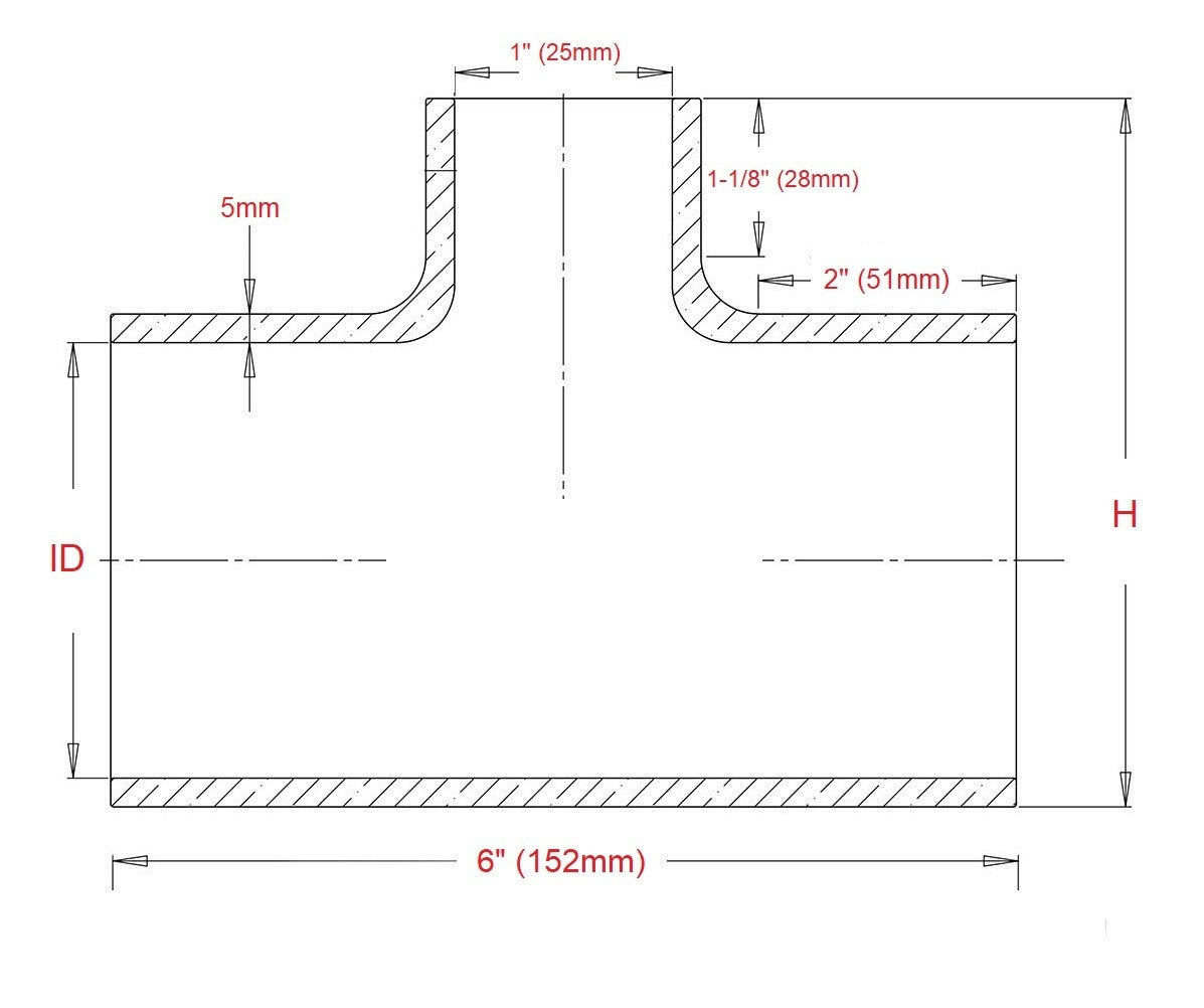 HPS 2-1/2" (63mm) ID T-Shape 3 Way Tee with 1" Branch Coupler Hose 4-Ply High Temp Silicone Black 6" Length