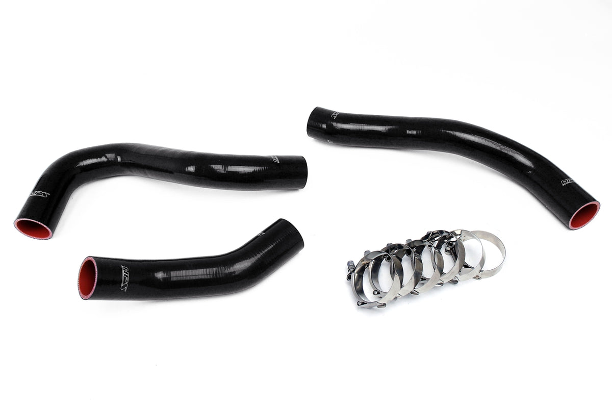 A set of black silicone radiator coolant hoses with stainless steel clamps, designed for a Ford F-250 F-350 F-450 Superduty Powerstroke 6.4L Diesel vehicle 57-1457-BLACK