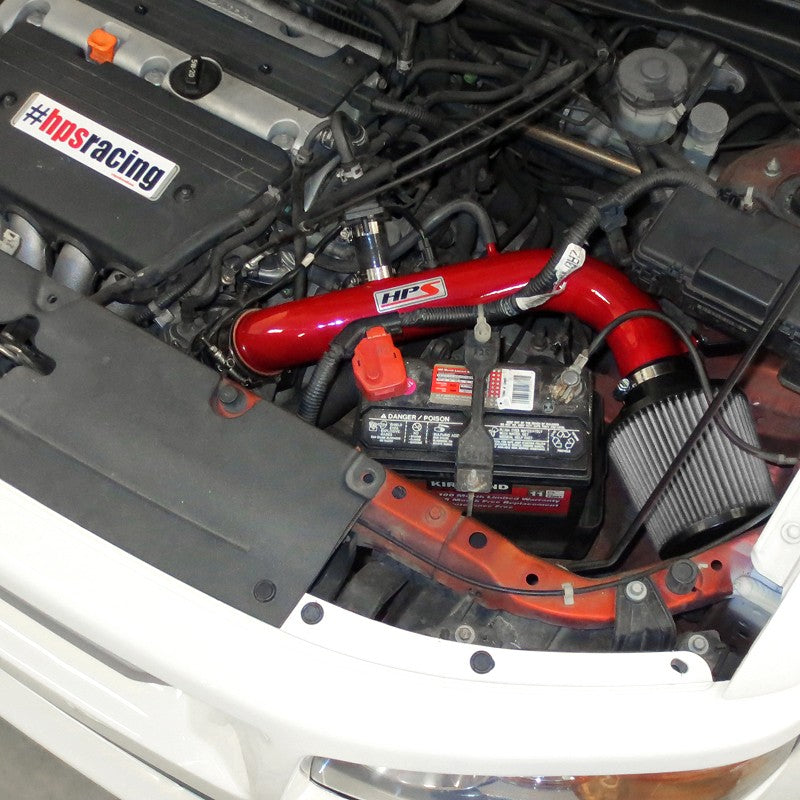 HPS Shortram Air Intake Kit with Filter for 03-06 Honda Element 2.4L L4 AWD/FWD SKU 827-106R, red installed engine bay view