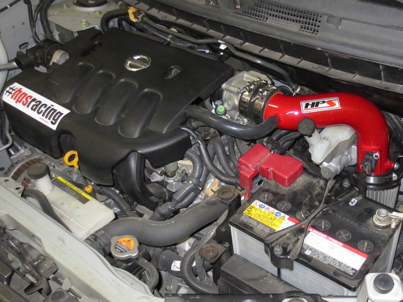 HPS Shortram Air Intake for 09-14 Nissan Cube 1.8L I4 Non-Turbo SKU 827-186R, red installed engine bay view