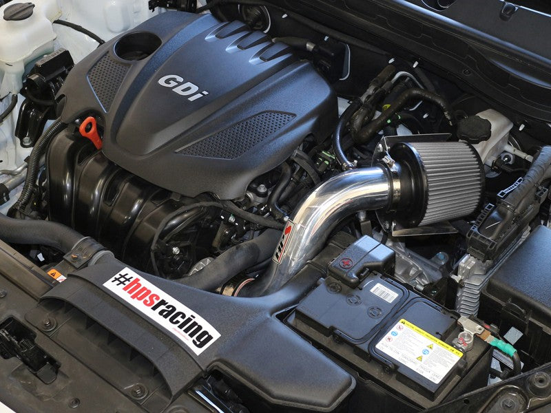 HPS Shortram Air Intake Heat Shield Kit for 11-14 Hyundai Sonata / 11-15 Kia Optima 2.4L SKU 827-267P, polished installed engine bay view