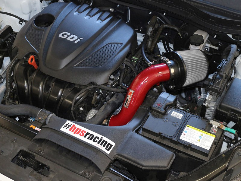 HPS Shortram Air Intake Heat Shield Kit for 11-14 Hyundai Sonata / 11-15 Kia Optima 2.4L SKU 827-267R, red installed engine bay view