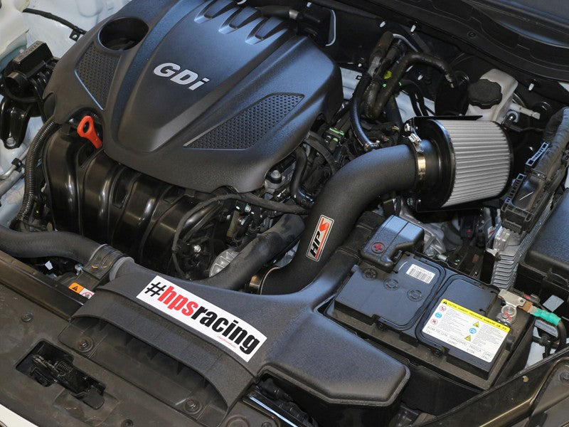 HPS Shortram Air Intake Heat Shield Kit for 11-14 Hyundai Sonata / 11-15 Kia Optima 2.4L SKU 827-267WB, wrinkle black installed engine bay view