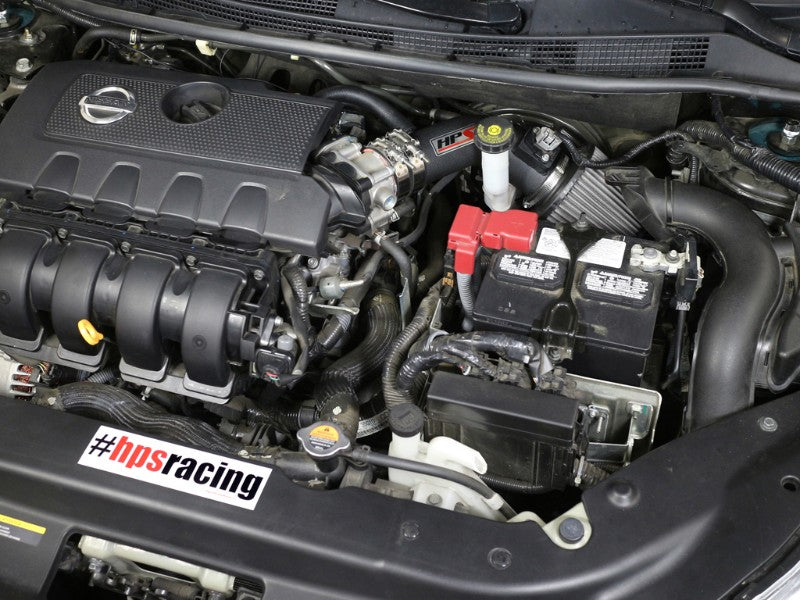 HPS Shortram Air Intake Kit for 13-17 Nissan Sentra 1.8L I4 SKU 827-269WB, wrinkle black installed engine bay view
