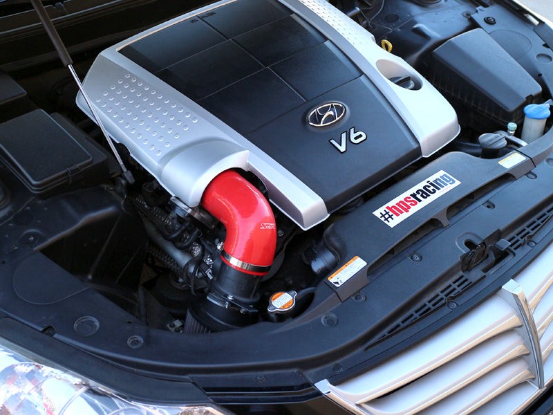 HPS Silicone Shortram Air Intake Kit for 09-11 Hyundai Genesis Sedan 3.8L V6 SKU 827-276R, red installed engine bay view