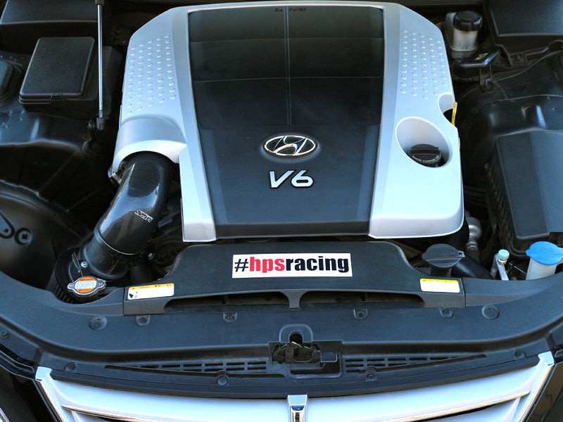 HPS Silicone Shortram Air Intake Kit for 09-11 Hyundai Genesis Sedan 3.8L V6 SKU 827-276WB, wrinkle black installed engine bay view