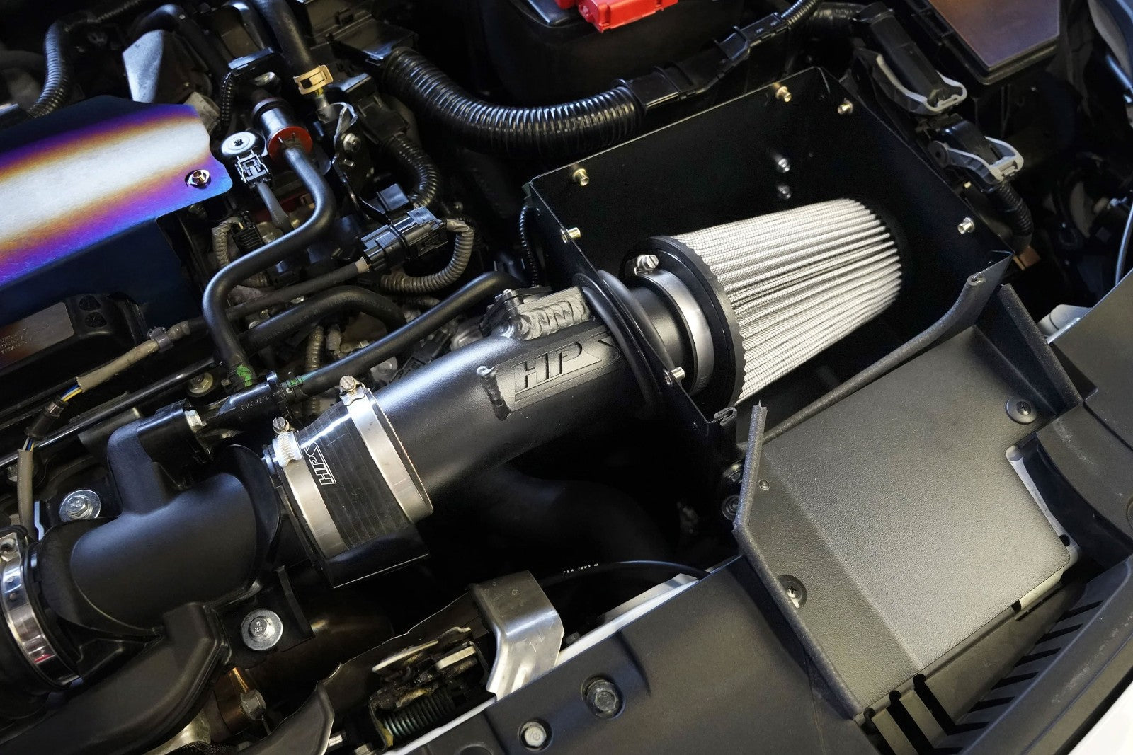 HPS Shortram Air Intake Heat Shield Kit for 18-22 Honda Accord CV1 1.5L Turbo, alternate installed engine bay view