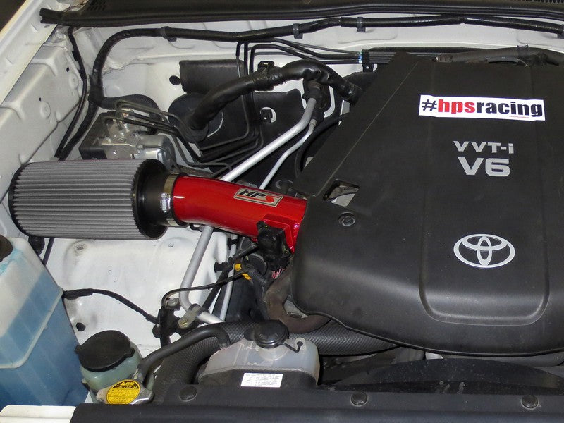 HPS Shortram Air Intake Kit for 07-09 Toyota FJ Cruiser / 05-11 Tacoma 4.0L V6 SKU 827-506R, red installed engine bay view