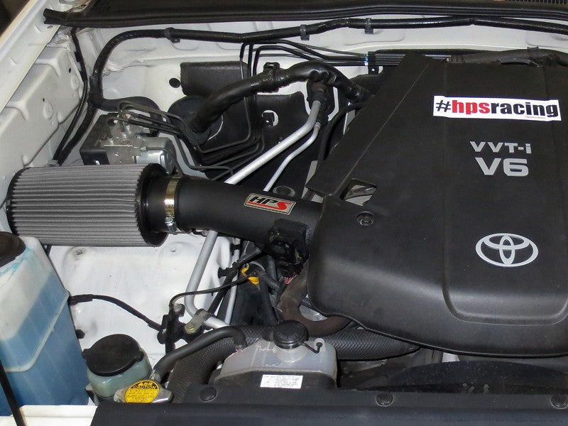 HPS Shortram Air Intake Kit for 07-09 Toyota FJ Cruiser / 05-11 Tacoma 4.0L V6 SKU 827-506WB, wrinkle black installed engine bay view